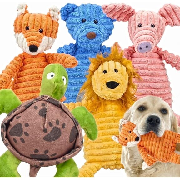 LECHONG Christmas Dog Toys for Small Dogs, Stuffed Animal Toys Bundle with Built-in Squeaker, Multicolor Fox, Bear, Pig, Lion, Tortoise (5 Pack)