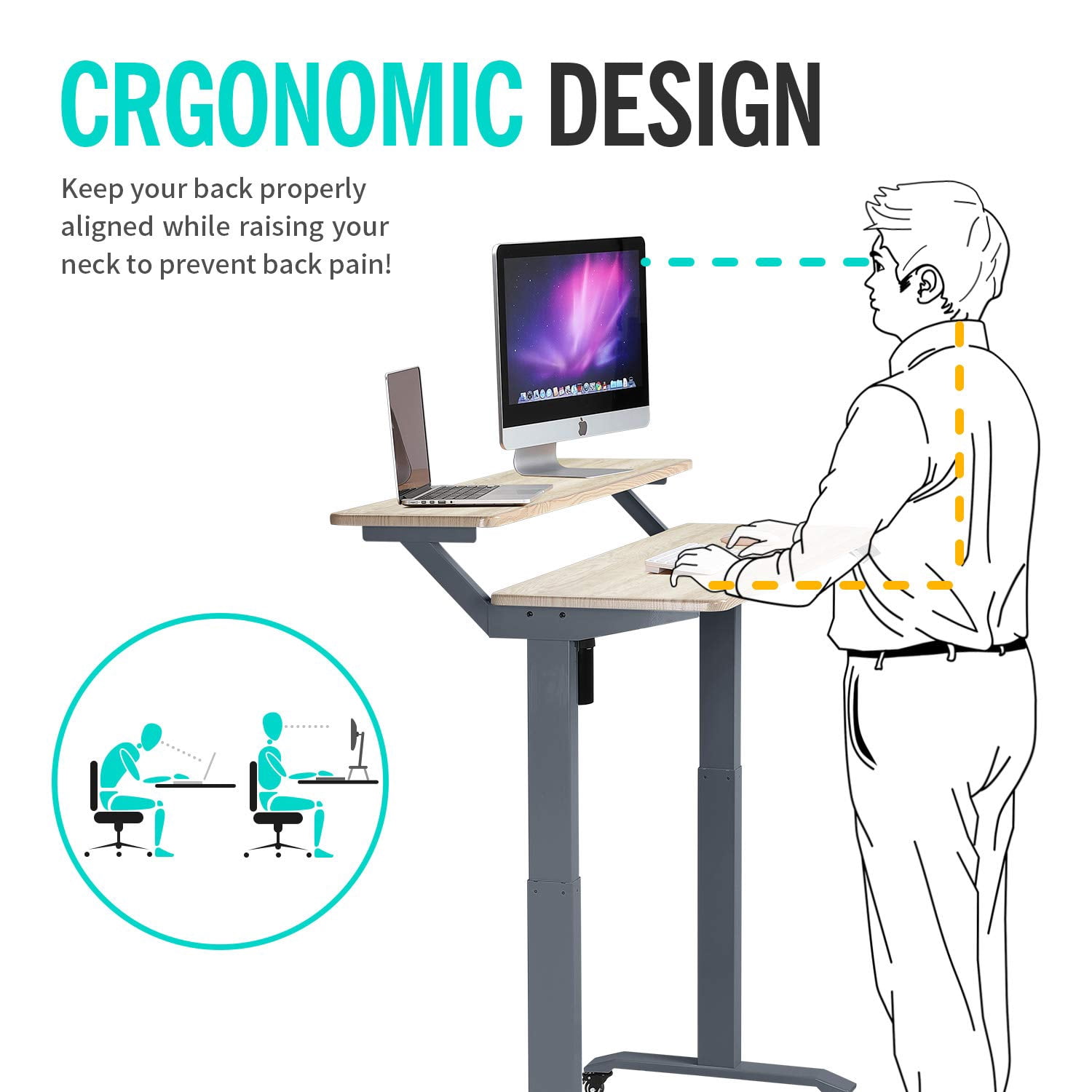 UNICOO® 2 Tier Electric Height Adjustable Standing Desk with Wheels, Electric Mobile Standing Workstation, Sit Stand Desk Home Office Desk Whole-Piece Desk Board 48 * 24 in (KT1002-GG) 2Tier
