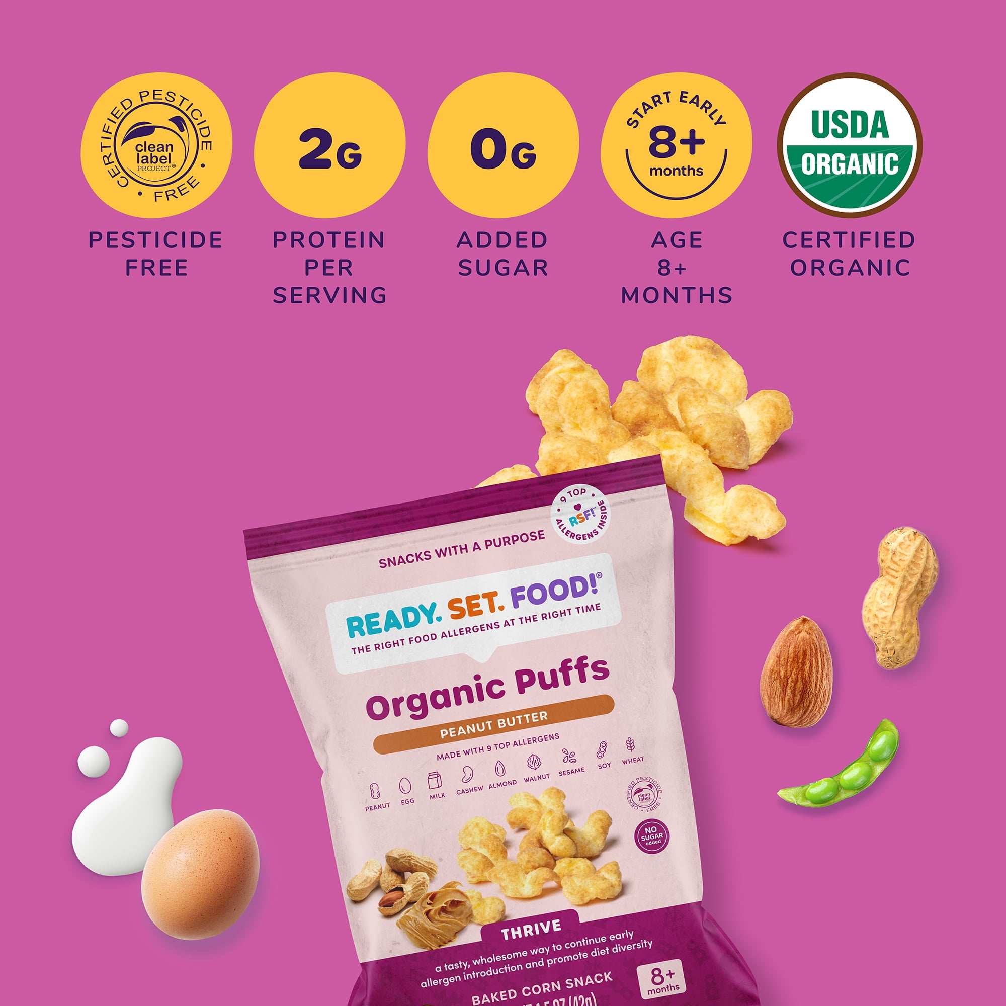 Ready, Set, Food! Organic Peanut Butter Baby Puffs with 9 Top Allergens, Baby & Toddler Food