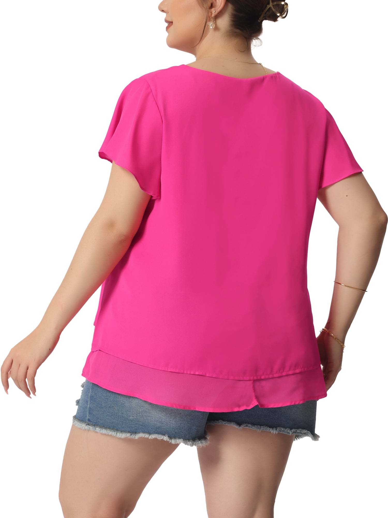 DARING DIVA Women's Plus Size Ruffle Short Sleeve V Neck Chiffon Blouse L Hot Pink