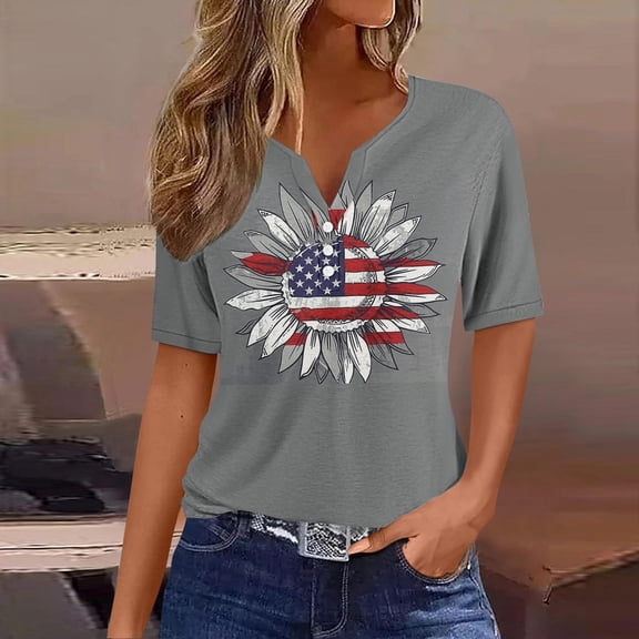 Odbmxy Elbow-Length Womens Tee Shirts Plus Size V-Neck 4th of July Womens Tops Summer Graphic Fancy Regular Party Casual Tops