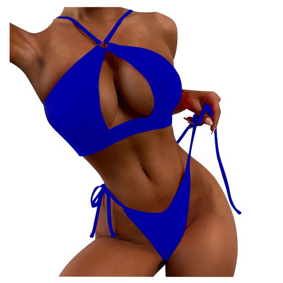 KaLI_store Swimsuit Women Tummy Control Women's Floral Print Underwire Spaghetti Strap Knot Back High Waist Two Piece Bikini Swimsuit Bathing Suit Set Navy,XL