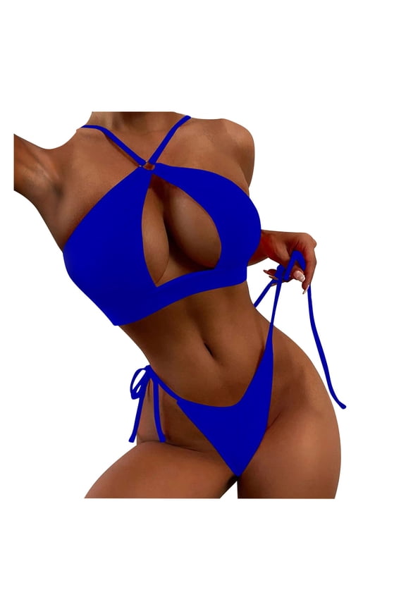 Swimsuit Women Tummy Control Women's Floral Print Underwire Spaghetti Strap Knot Back High Waist Two Piece Bikini Swimsuit Bathing Suit Set Navy,XL