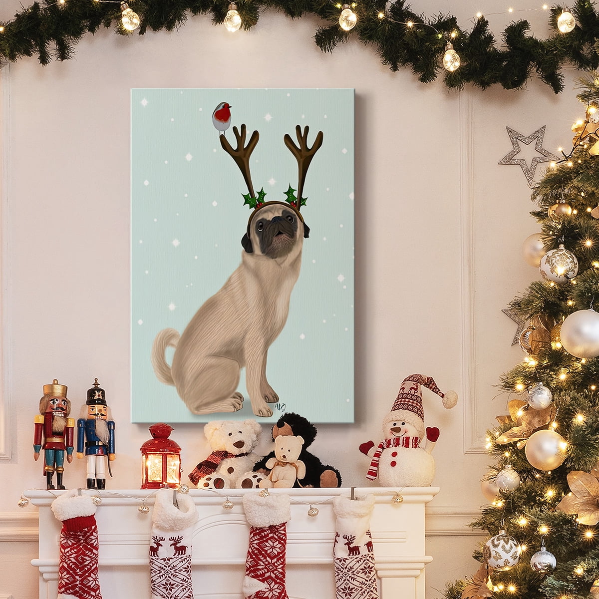 Christmas Pug with Antlers and Robin- Gallery Wrapped Canvas