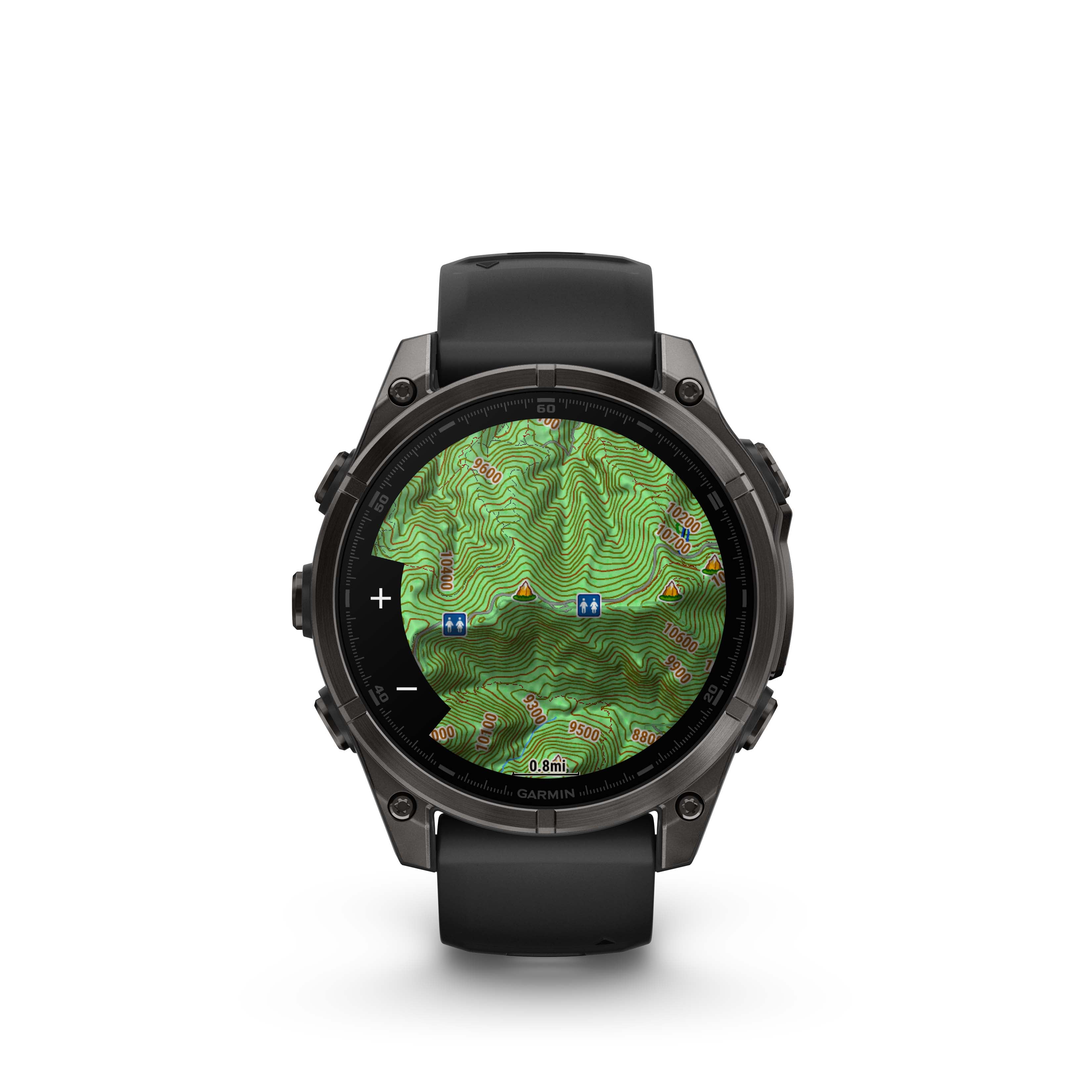 Montre intelligente GPS Garmin fēnix® 8 avec écran AMOLED et objectif saphir - 47 mm - Lunette en titane DLC gris carbone avec bracelet en silicone noir/gris galet