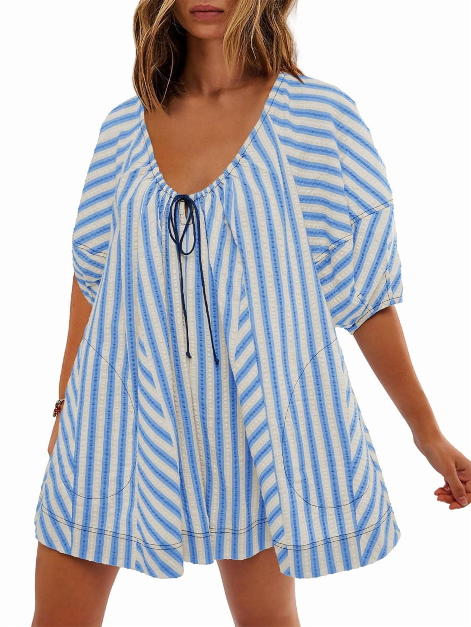 Womens Oversized Striped Romper Dress Shorts Jumpsuit Beach Vacation Clothes with Pockets