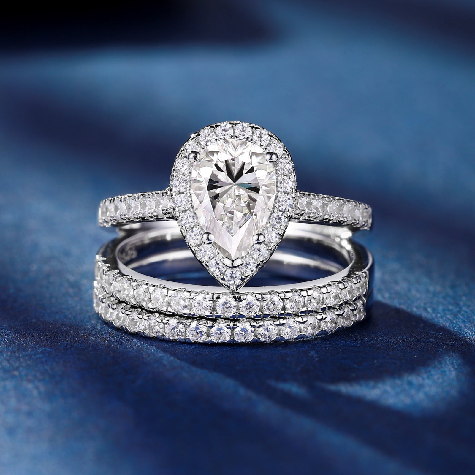 SFTING Wedding Ring Set for Women 925 Sterling Silver Engagement Rings 3pcs Pear Cut 5A Cz Size 8