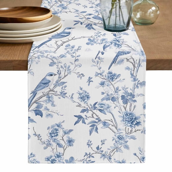 Blue White Spring Floral Table Runner, Summer Botanical Birds Washable Cotton Linen Table Runners 36 Inches Long, Dresser Scarf Runner for Nightstand/End Tables/Round Tables 13''x36''