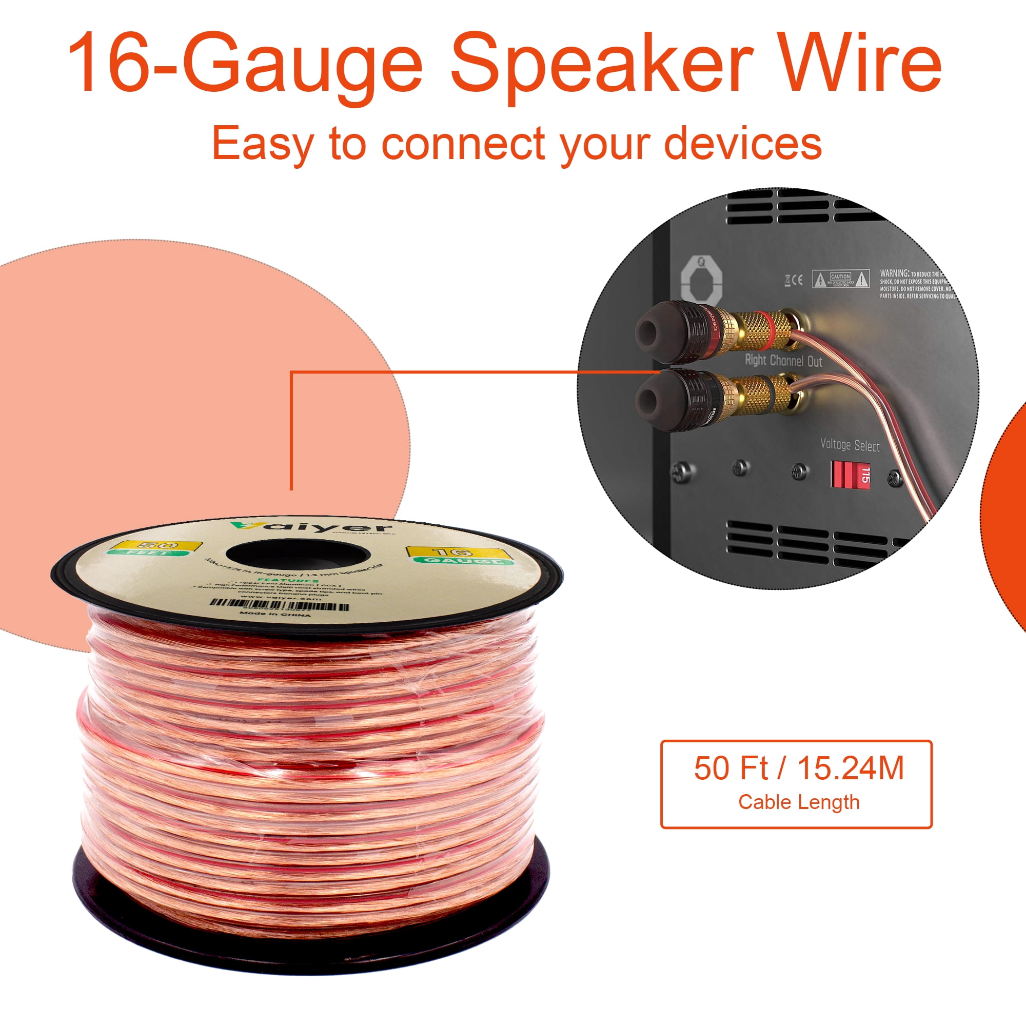 Vaiyer 16 Gauge Speaker Wire Cable - 50 ft 15.24 Meter 1.3 mm CCA High-Performance Stereo Speaker Cable for Car Speakers, Home Theater Speakers, Surround Sound, Radio