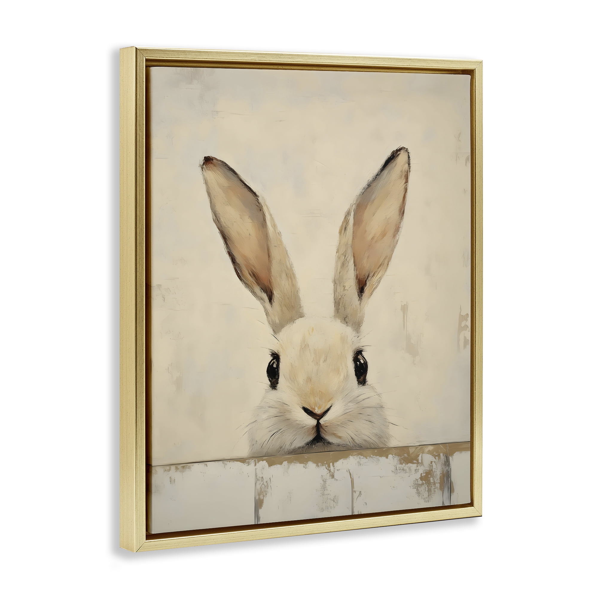 Stupell Industries Peeking Bunny in Soft Neutrals Gold Framed Floater Canvas Wall Art, design by LSR Design Studio