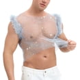 thumbnail image 3 of Alkepwun Mens Tank Tops Openwork Mesh Rhinestone Muscle Shirts with Feather Accents Summer Solid-Color Sexy Breathable Round-Neck Top, 3 of 5