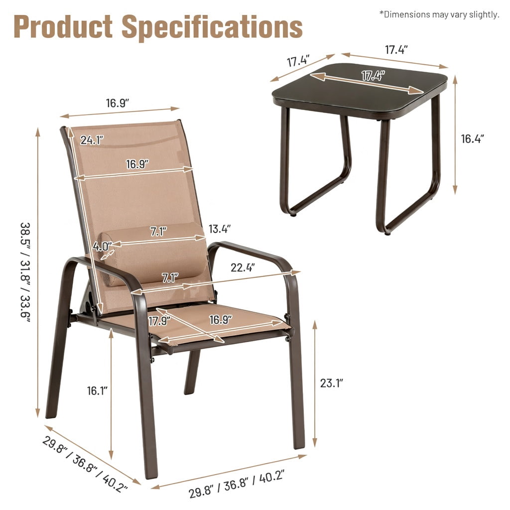 Hommoo 3-Piece Outdoor Bistro Set, Stackable Steel Chairs with Adjustable Backrest & Headrest, Tempered Glass Table, Brown