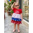 thumbnail image 2 of Toddler Baby Girl 4th of July Dress Outfit Patriot Independence Day Dress I Love American Letters Short Sleeve Doll Collar Red White Blue Star Striped Print Bow Layered Summer Holiday Party Dress, 2 of 9