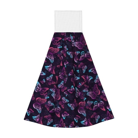 

Zeuib Purple Butterfly Print Coral Velvet Hand Wipes Hanging Hand Towels Set with Hook & Loop Absorbent Towel for Bathroom Home