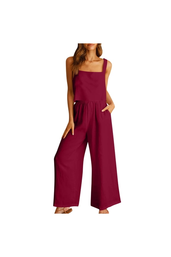 Two Piece Sets for Women Casual Summer Sets Linen Sleeveless Crop Top Wide Leg Pants Lounge Matching Sets Red XL