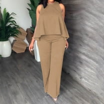 Edvintorg Wide Leg Pants Sets Women 2 Piece Outfits Elegant Fashion Office Ladies Casual Solid Sleeveless Blouses Round Neck Tops Long Pants Set Khaki XXL