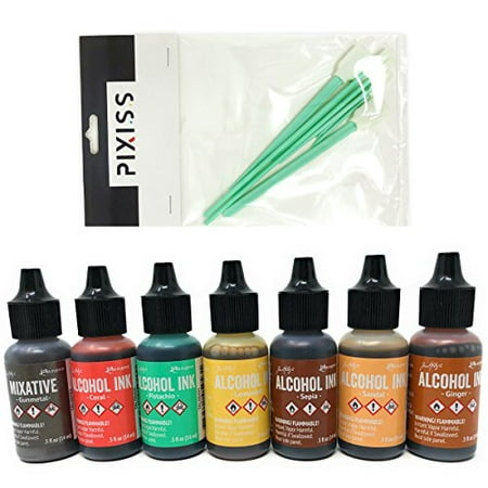 Ink Blending Tool - Favorites Collection 6 - Tim Holtz Alcohol Inks and Mixatives 7 Bottle Bundle, Coral, Pistachio, Lemonade, Sepia, Sandal, Ginger, Gunmetal Mixative, 8x Pixiss Ink Blending Tools