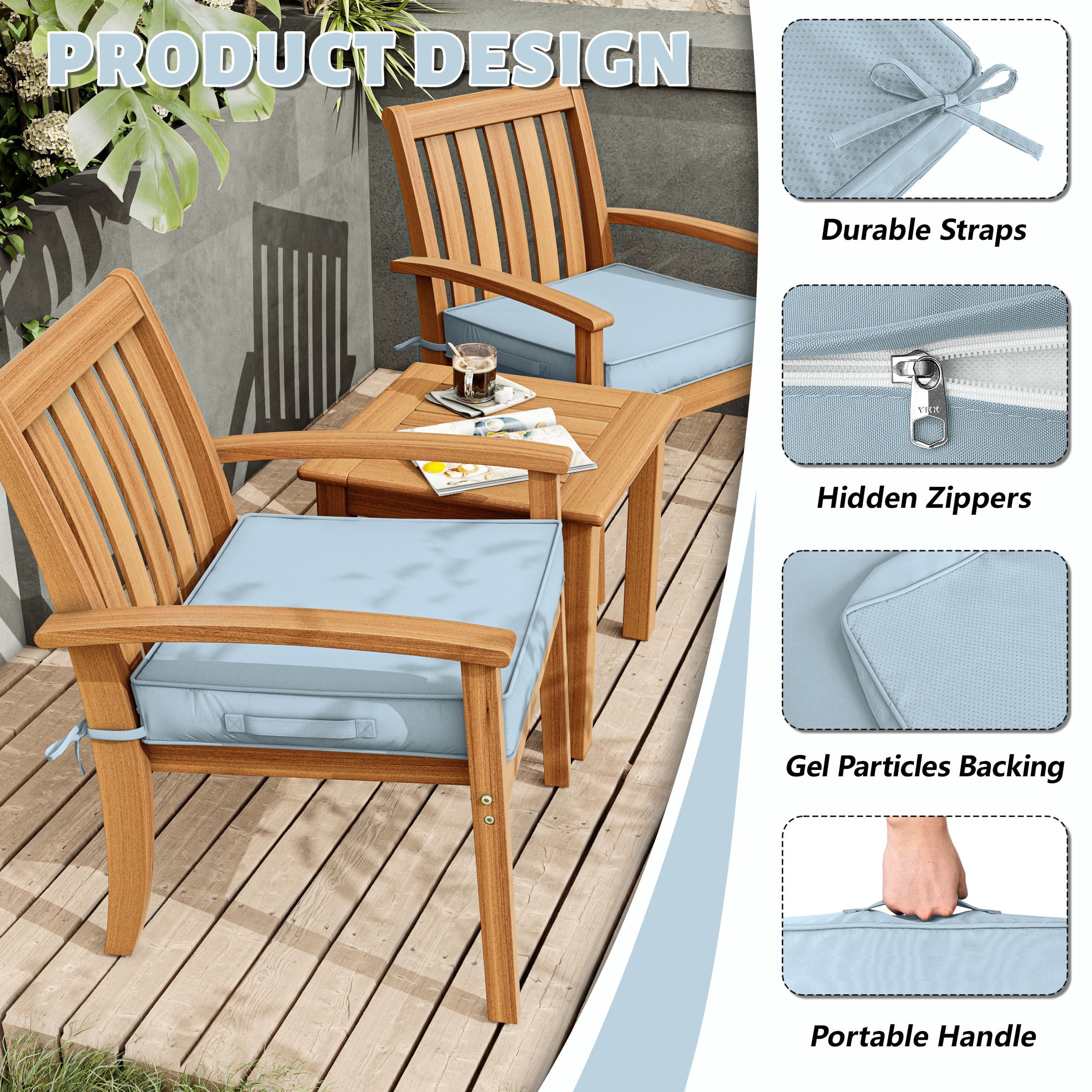 Kimunuk 4 Pack Outdoor Chair Cushions, 19" x 19" Waterproof Outdoor Seat Cushions Couch Pads with Ties & Handle for Patio Furniture, Sky blue