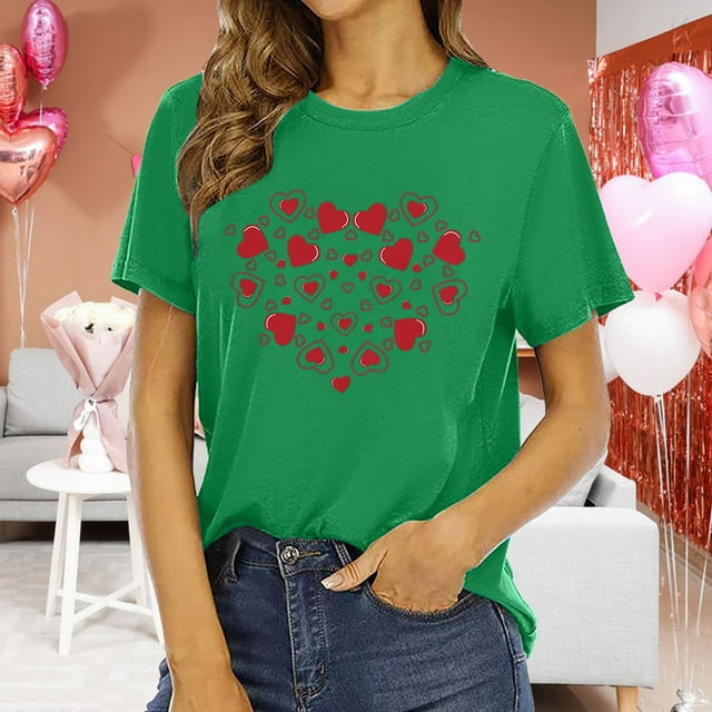 Chemises à Manches Courtes pour Femmes Col Rond Manches Courtes Mode Imprimé Cœur T-Shirt Ample Léger Confortable Doux Chandail Tenues Vert P