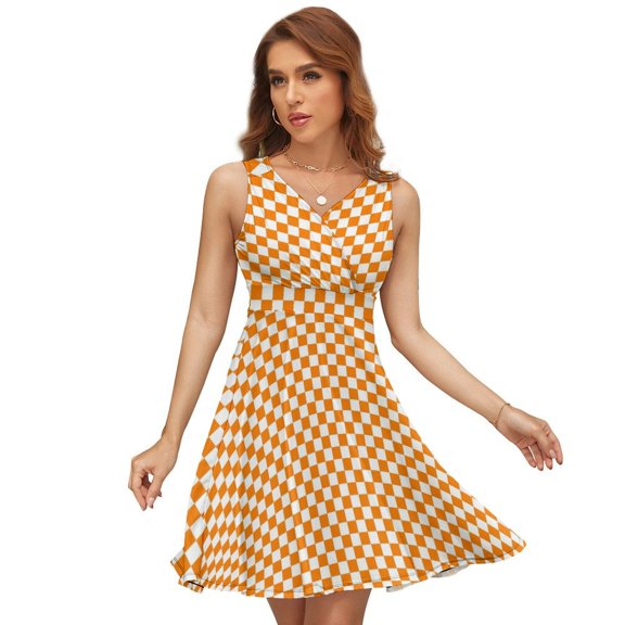 Orange And White Check Dress Summer Street Style Dresses Female Sleeveless Printed Sundress