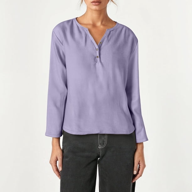 MHFRRA Camiseta Informal de Manga Larga con Cuello En V y Estampado Liso Púrpura Claro