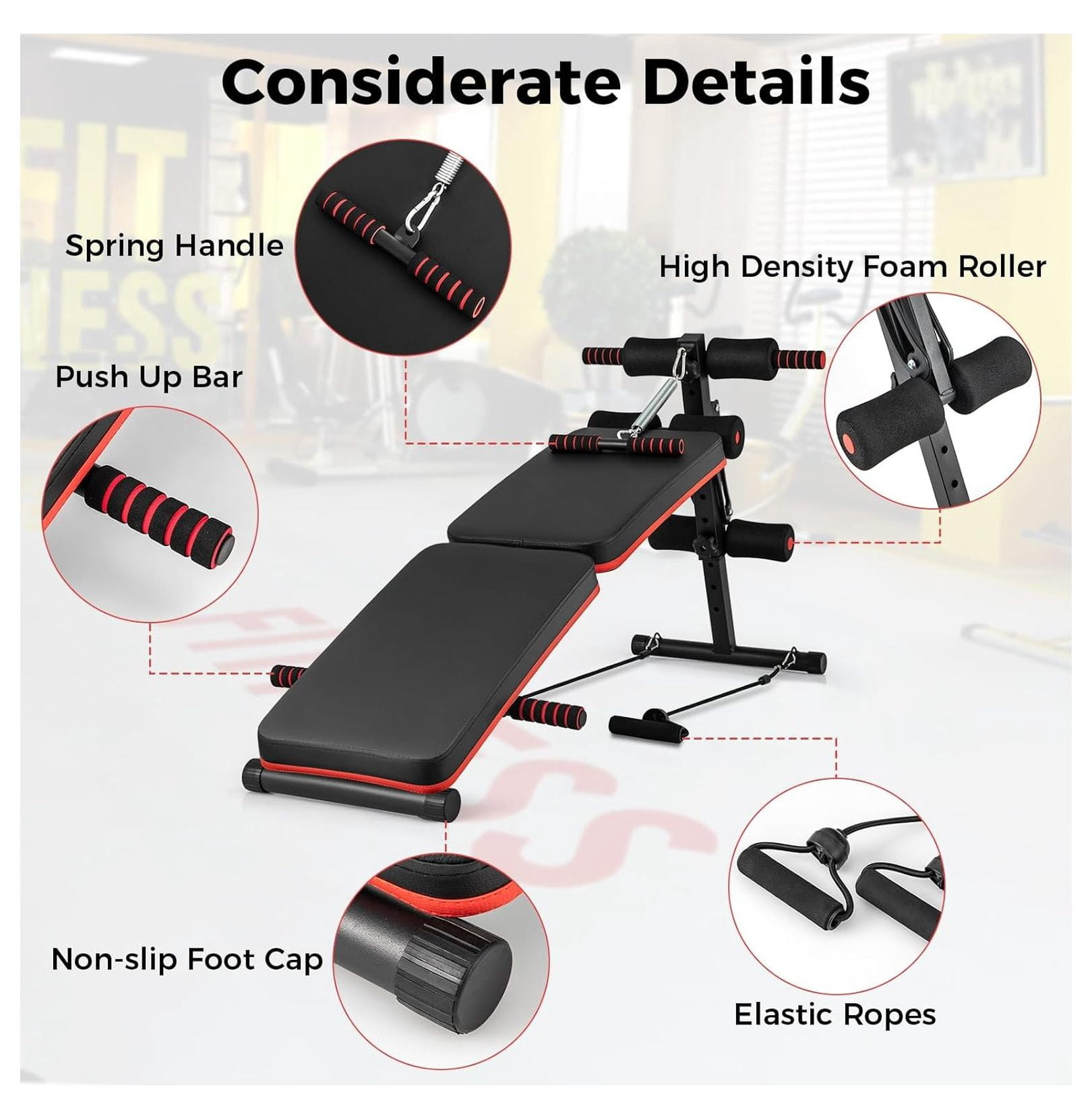 Sit Up Bench, 330lbs Folding Decline Workout Bench with Spring Handle, Elastic Ropes & 4 Level Adjustable Height, Incline Weight Bench for Situp, Ab , Strength Training Exercise for Home Gym