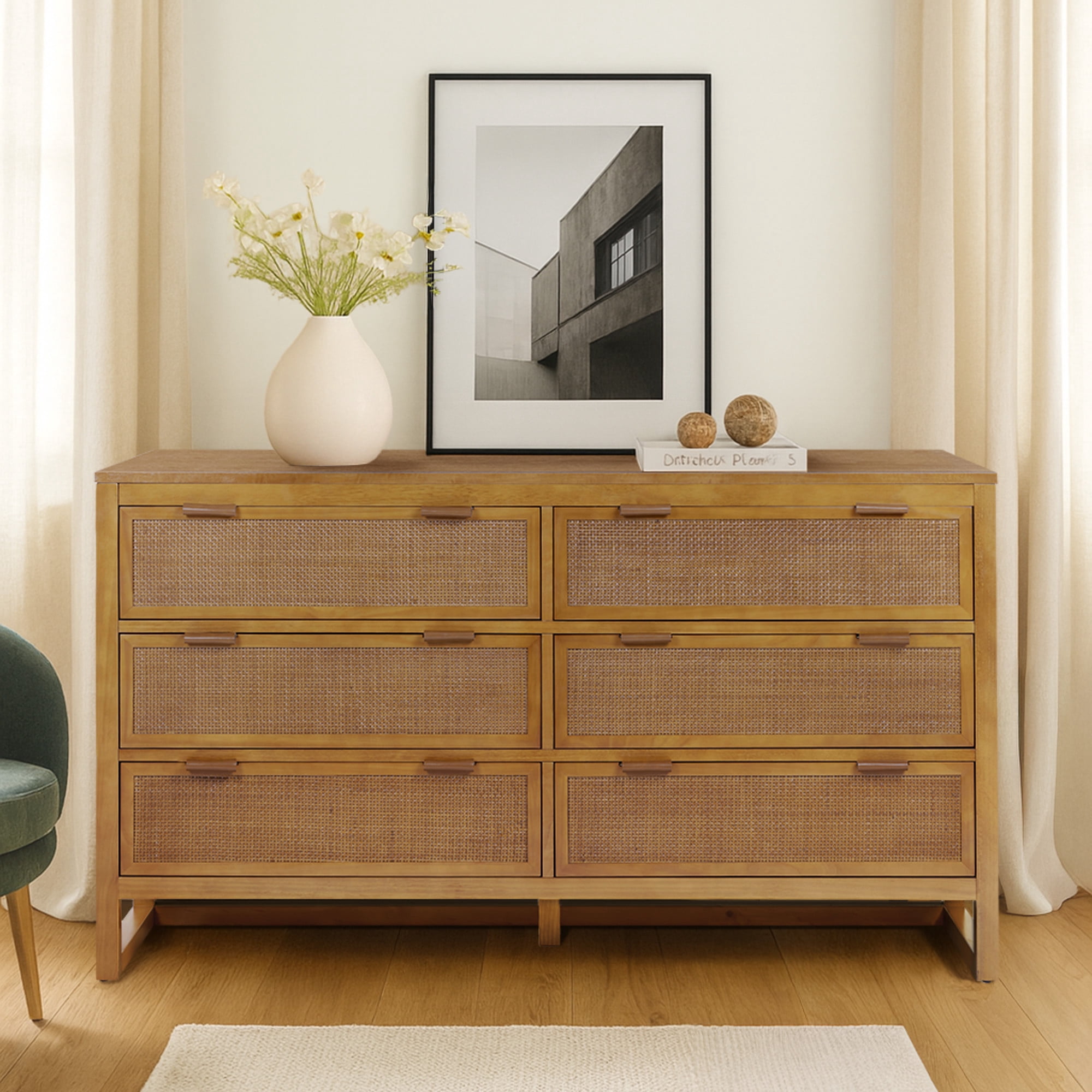 Teamson Home Hatteras Dresser with 6 Rattan Inset Drawers, Faux Leather Pulls & Deep Storage - Natural