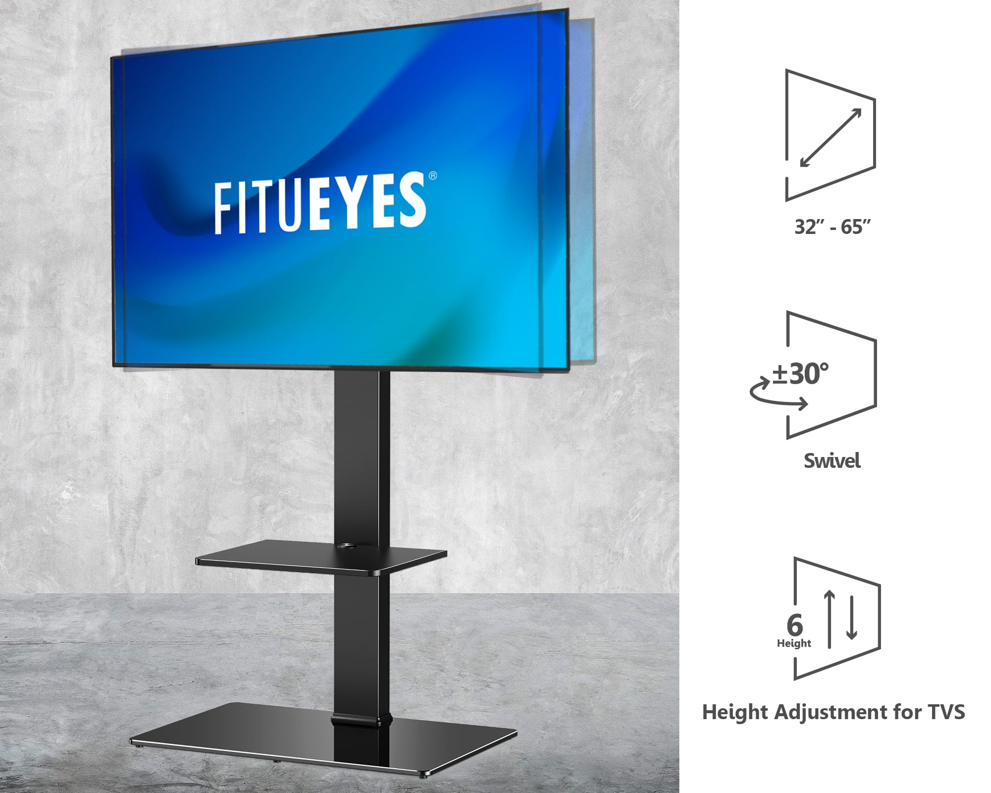 FITUEYES Universal Swivel Floor TV Stand for 65 Inch TV, Television Stands with Tempered Glass Base Black TV Stand for Bedroom, Modern Room, School, Hotel