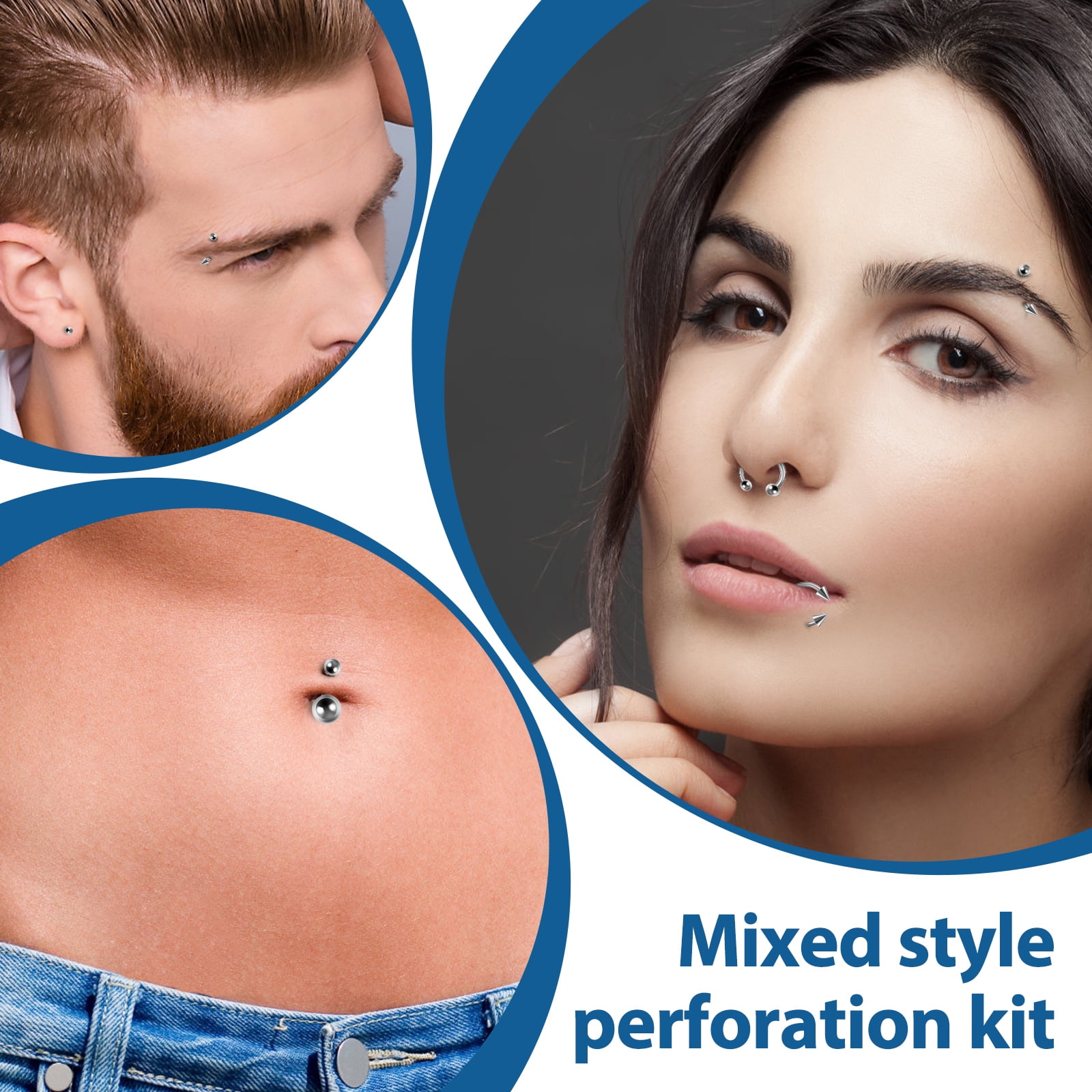 Hvxrjkn 79pcs Piercing Jewelry Kit Pro Piercing Kit 316L Stainless Steel Body Septum Piercing Kit 16G Belly Ring Tongue Tragus Nipple Nose Eyebrow Piercing Tools Piercing Needles Clamps
