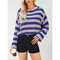 thumbnail image 2 of Women'S Long Sleeve Striped Sweater Oversized Crop Top One Shoulder Loose Fit Casual Baggy Short Pullover Sweater Blue L, 2 of 8