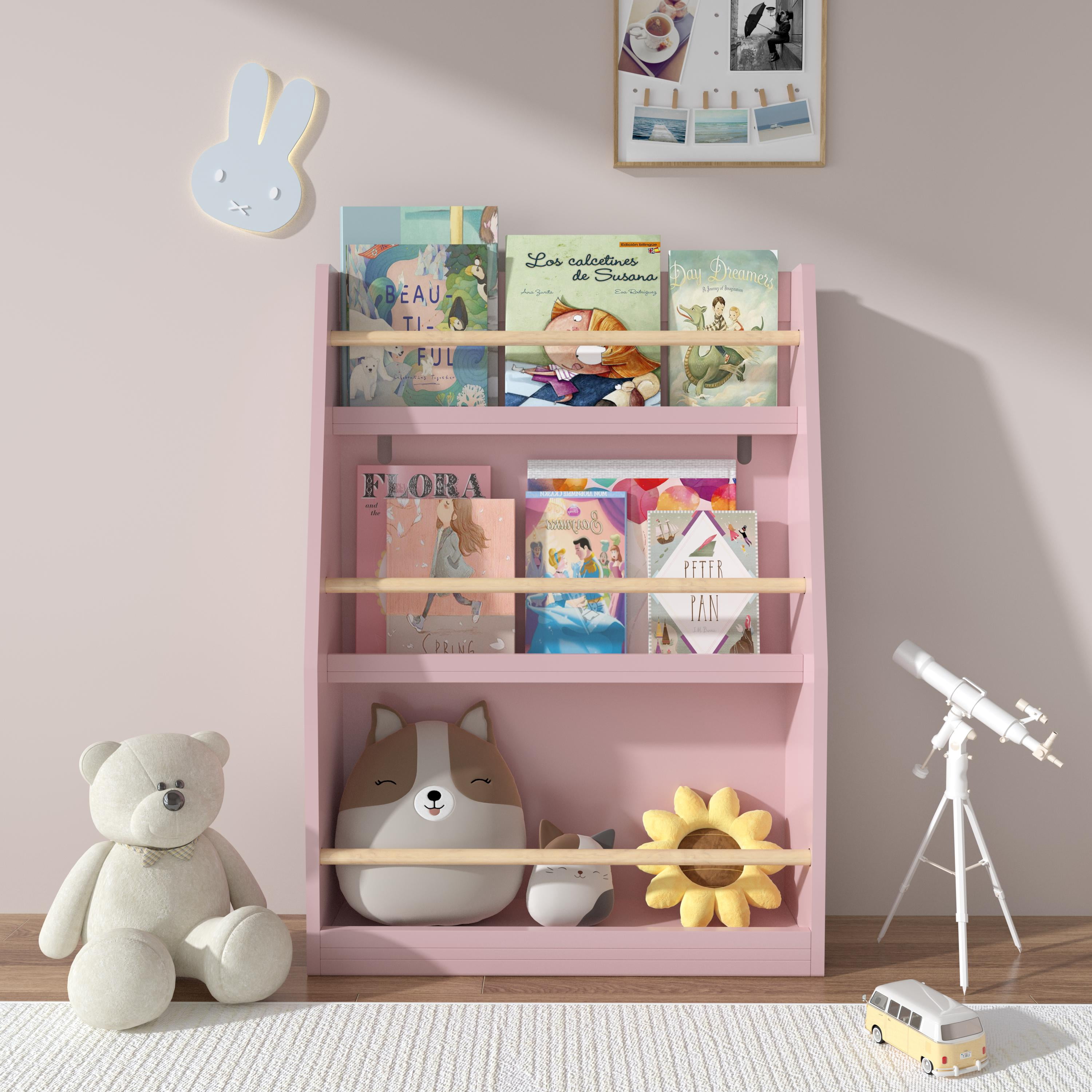 Yoneston Kids 3-Tier Bookcase with Wood Rails, Children's Standing Display Bookshelf for Playroom, Bedroom, Nursery, Pink