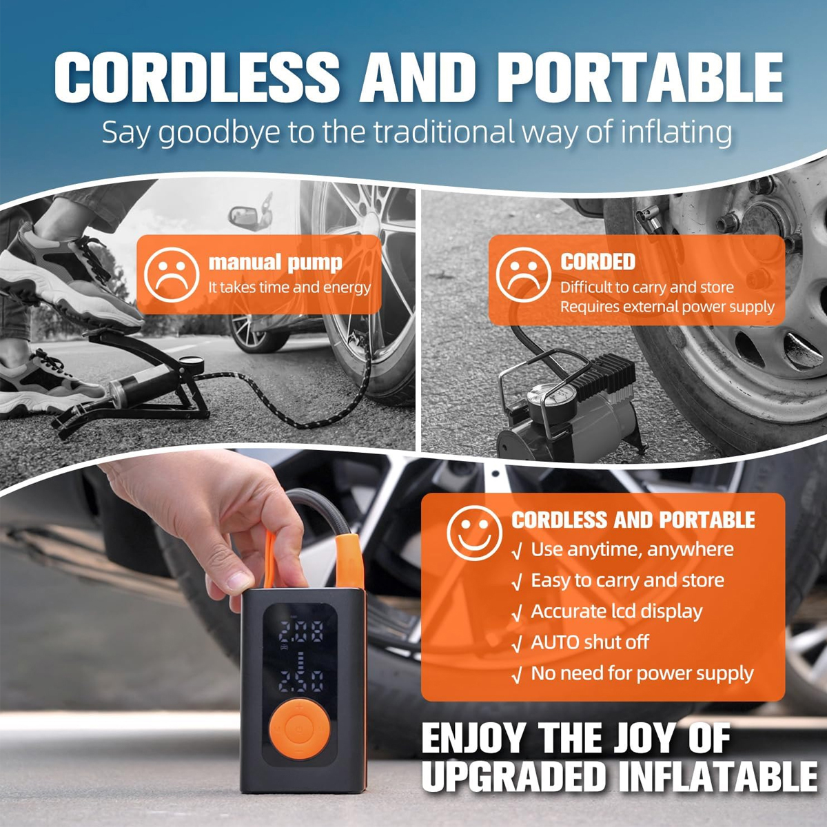 150 PSI Portable Tire Inflator, Cordless Air Compressor for Car, Bike & Motorcycle Tires with Pressure Gauge, Fast Inflation Air Pump (Orange, Small)