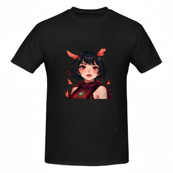 Stylish Anime Graphic Tee for Women - Short Sleeve Cotton T-Shirt with Red Highlights Horns & Floral Design