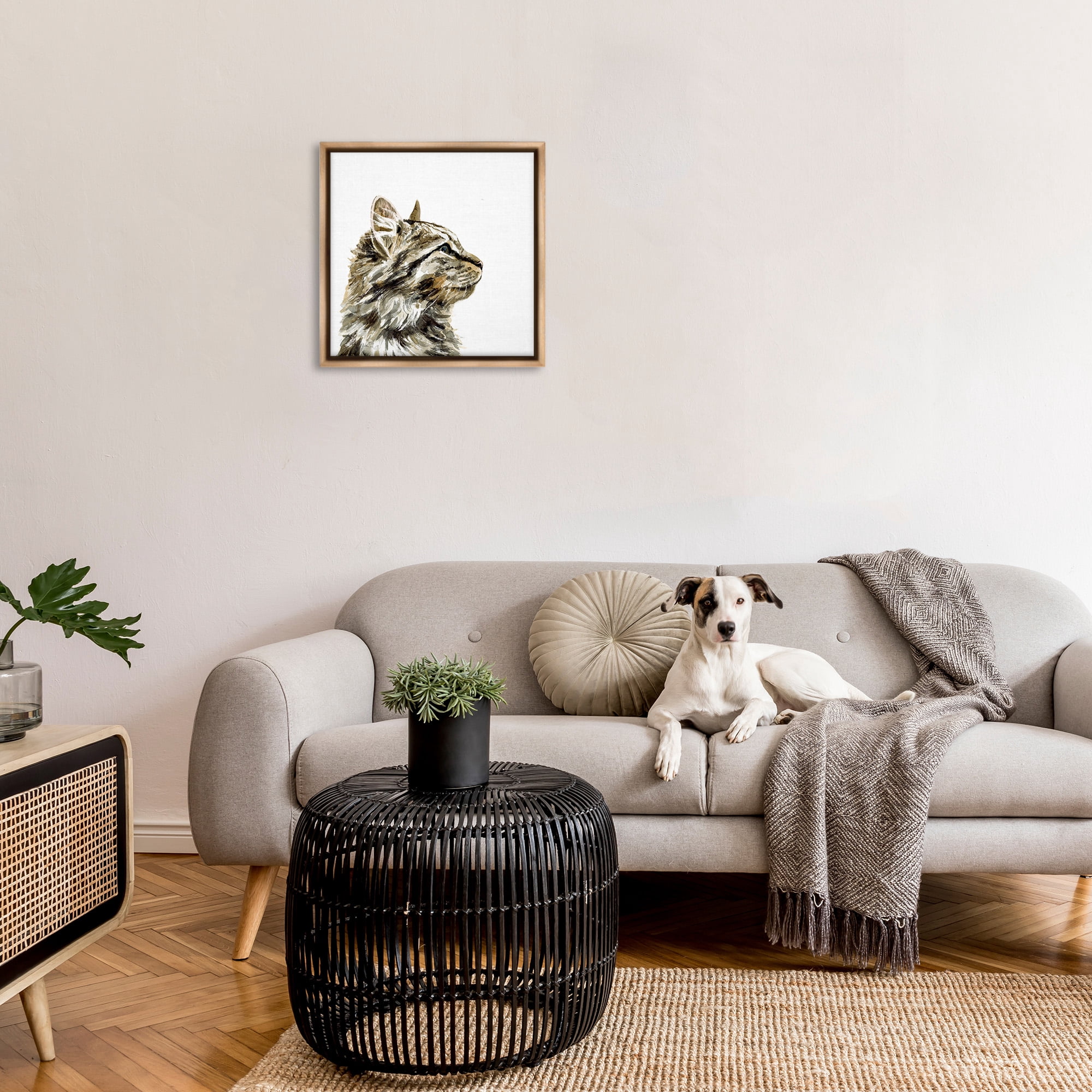 Stupell Industries Simple Tabby Cat Gaze Animals & Insects Painting Brown Floater Framed Canvas Art Print Wall Art, 25 x 25