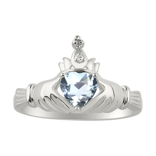 RYLOS Rings Sterling Silver Claddah Love, Loyalty & Friendship Ring Heart 6MM Gemstone & Diamond Claddagh Rings March Aquamarine Jewelry Size 6