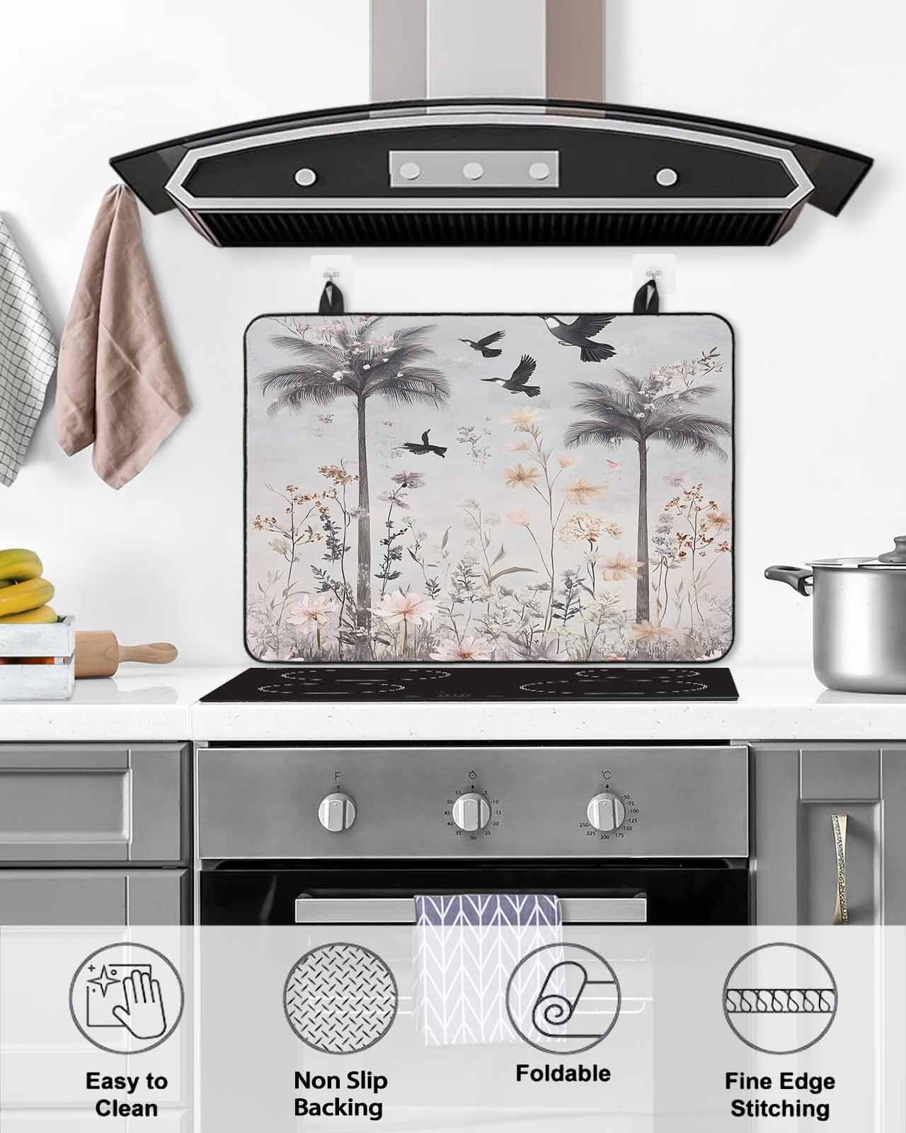 nqOlkjepod Large Induction Cooktop Protector Mat 36"x21", Spring Floral Stove Top Covers for Electric Stove, Watercolor Birds Palm Tree Botanical Stove Burner Cover Mats, Glass Top Stove Cover
