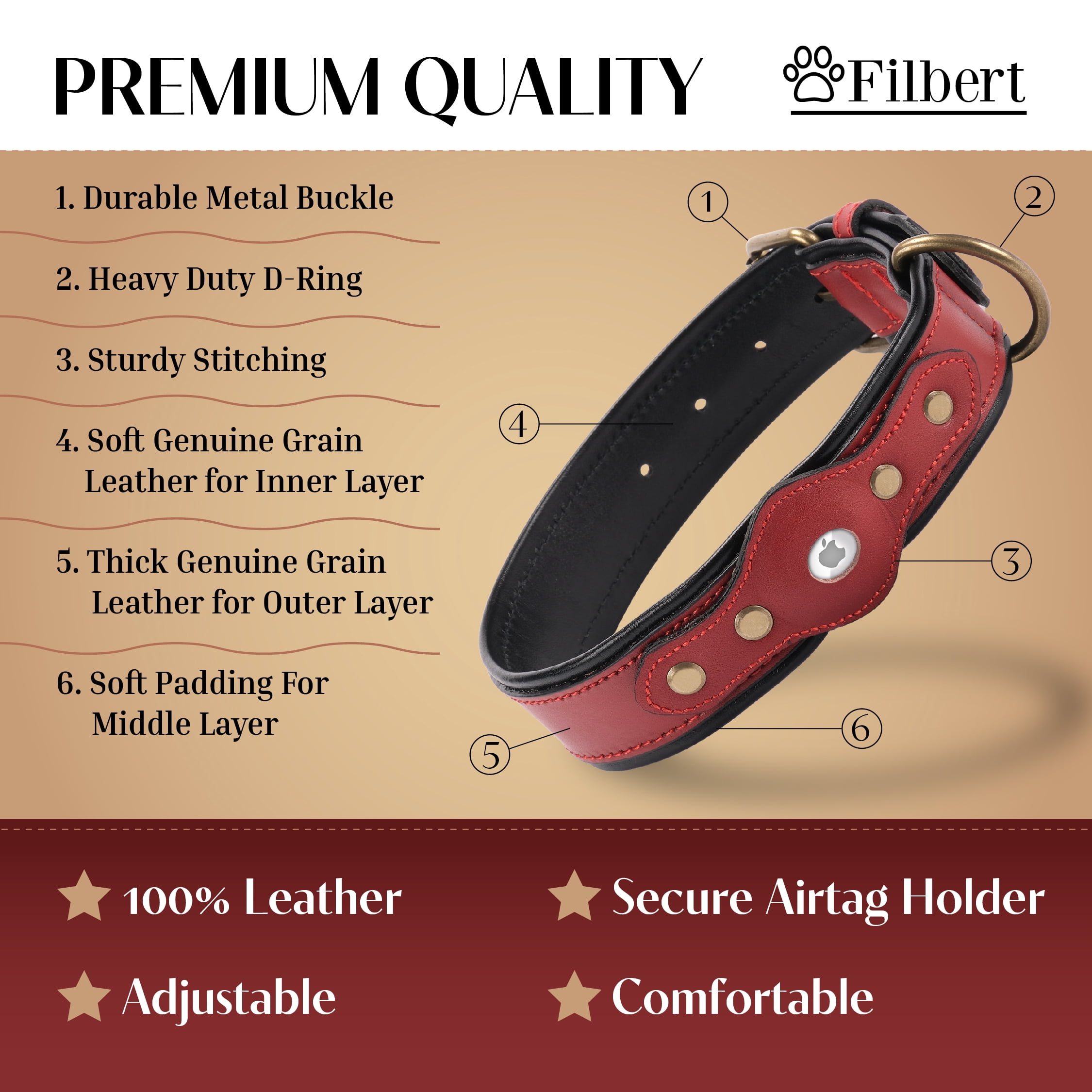 Filbert Leather Dog Collar with Airtag Holder, Airtag Collar For Medium Dogs, Leather, Vegetable Tanned Full Grain, Adjustable for All Breeds,  Heavy Metal Buckle, Ultra-Durable