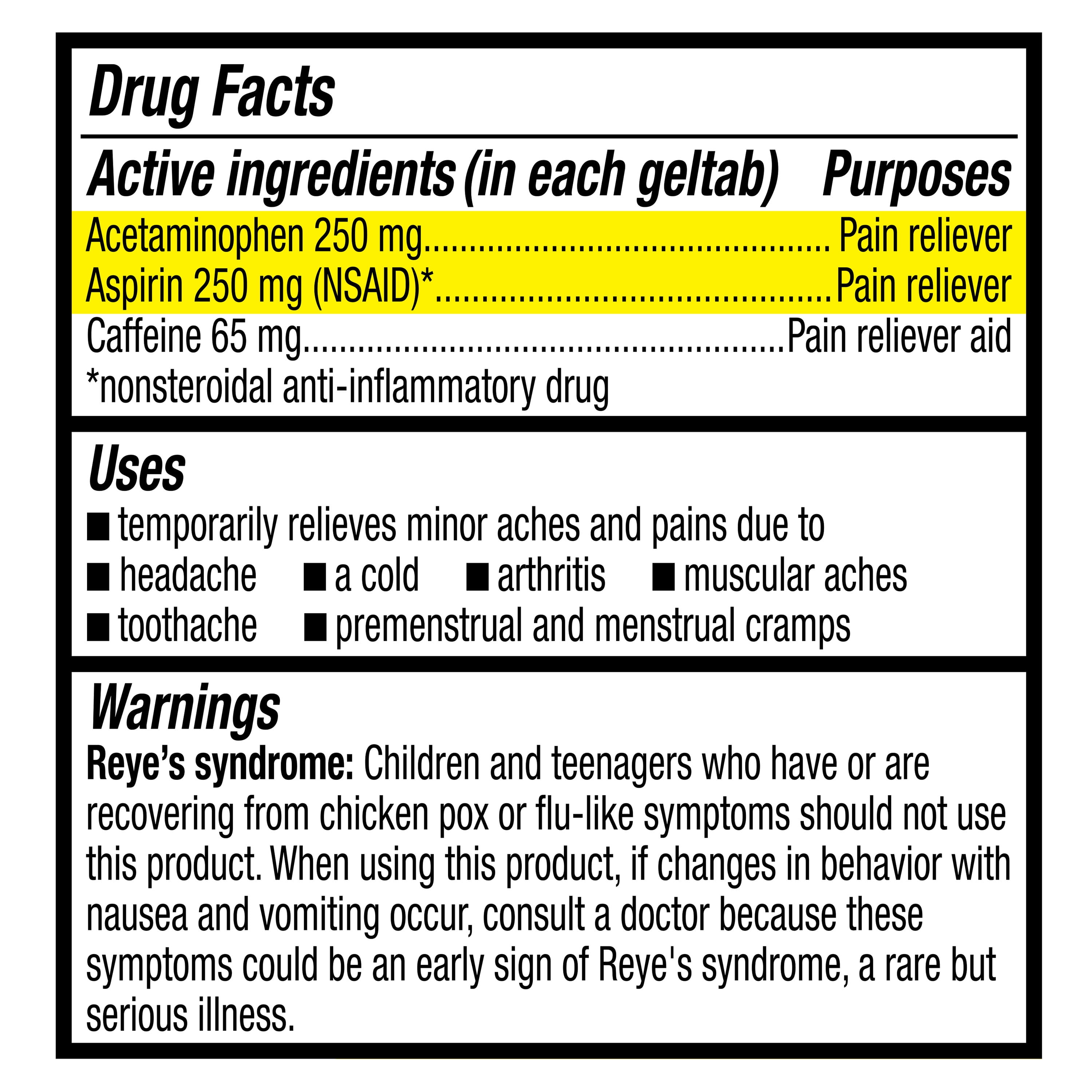 Equate Extra Strength Headache Relief Acetaminophen, Aspirin, and Caffeine Geltabs, 80 Count, Compare to Excedrin® Extra Strength Active Ingredients