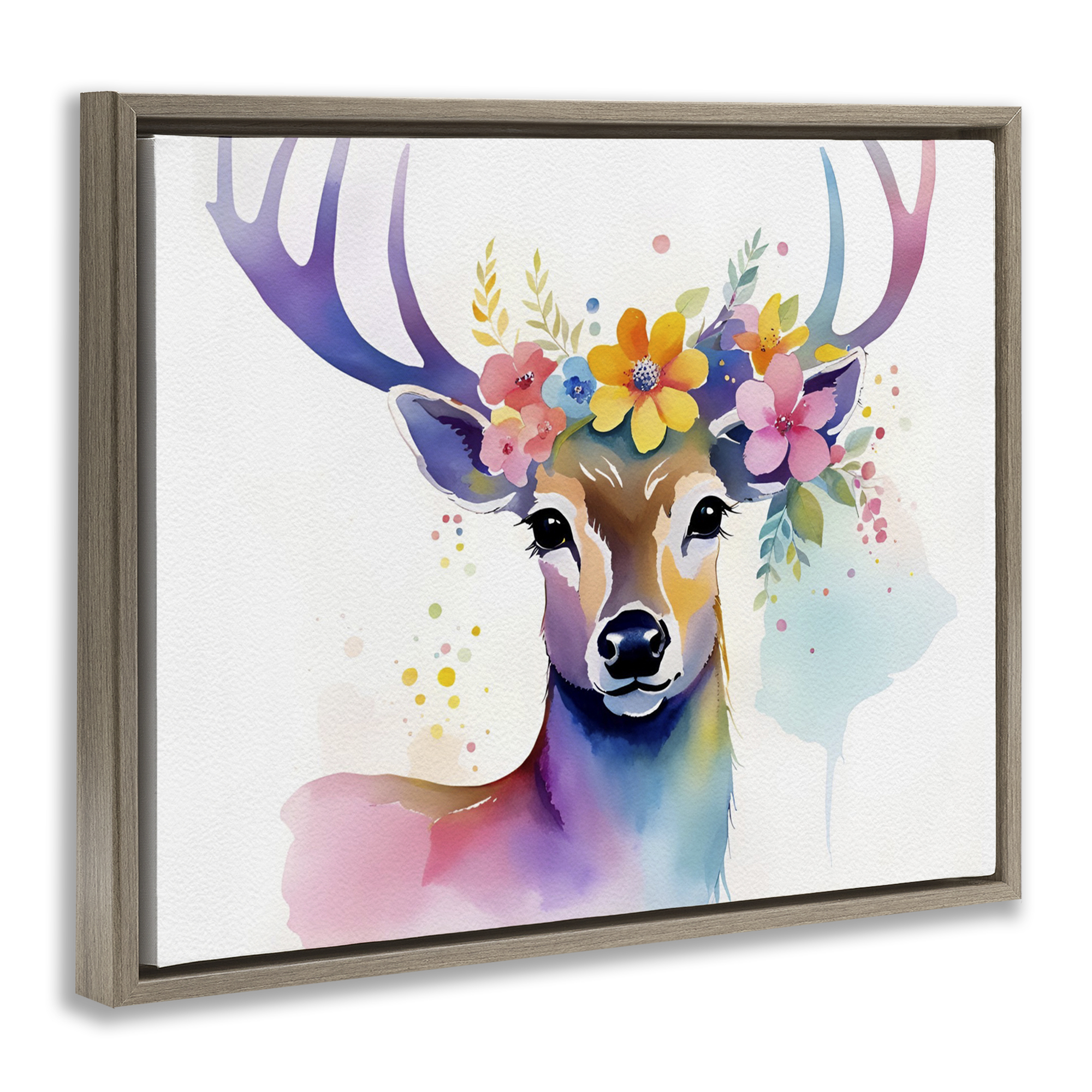 Stupell Industries Floral Garland Deer Animals & Insects Painting Brown Floater Framed Canvas Art Print Wall Art, 21 x 17