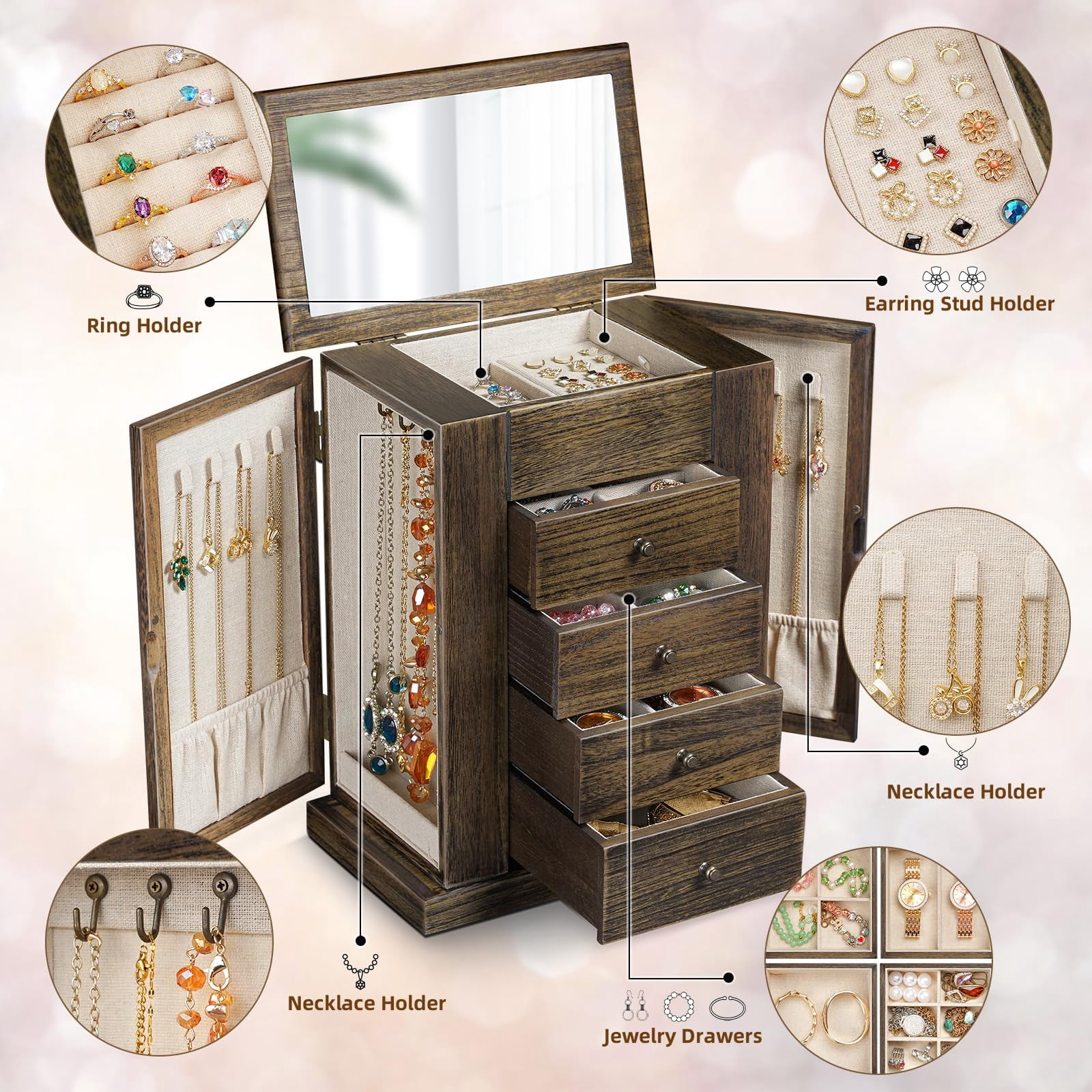 Jewelry Box for Women, 5 Layer Large Wood Boxes & Organizers for Necklaces Earrings Rings Bracelets, Rustic Organizer with Drawers and Mirror, Light Taupe
