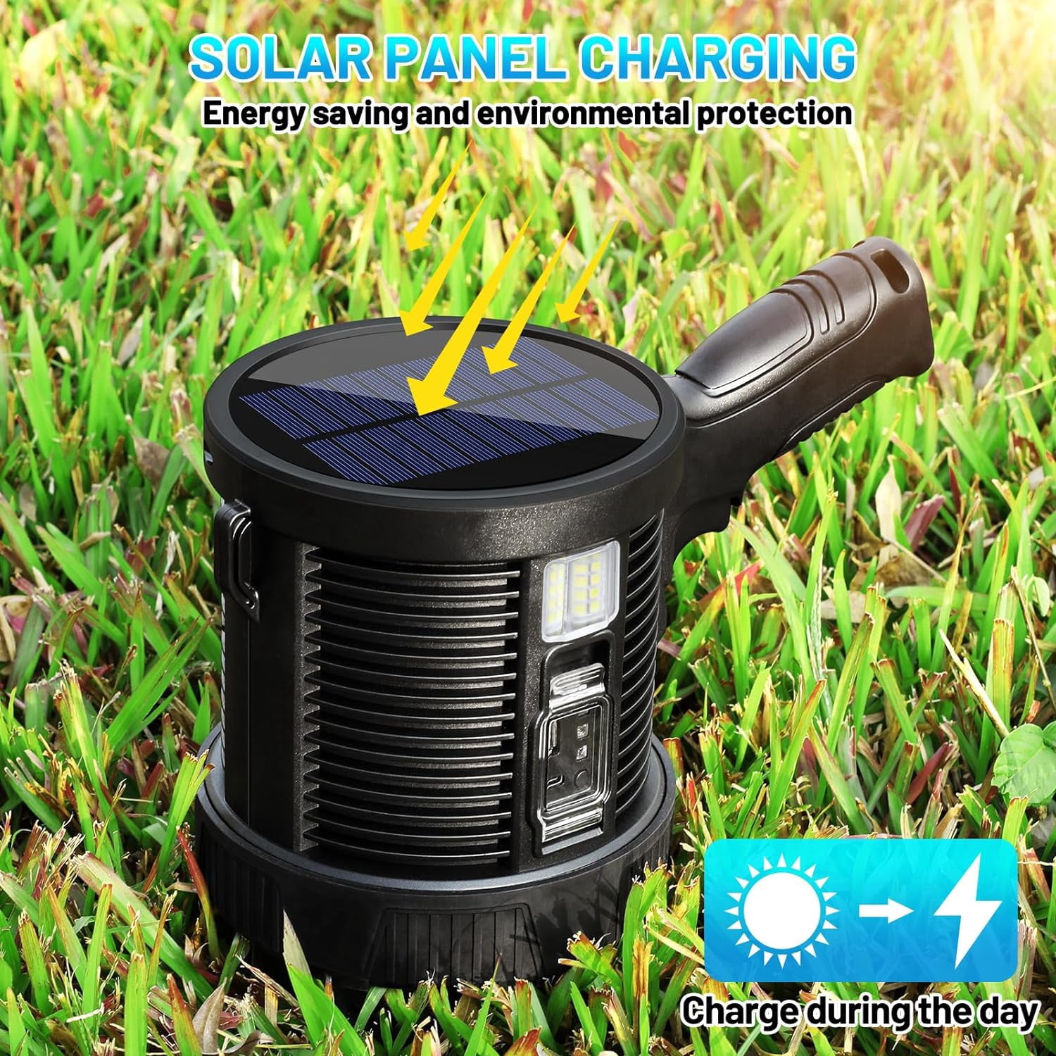 Spotlight Flashlight Outdoor, 900,000 Lumen Brightest Rechargeable Spotlight with Solar Panels &amp; 6 Modes, Powerful LED Spotlights 30H Long Runtime, Large Handheld Spot Light for Boating Hunting