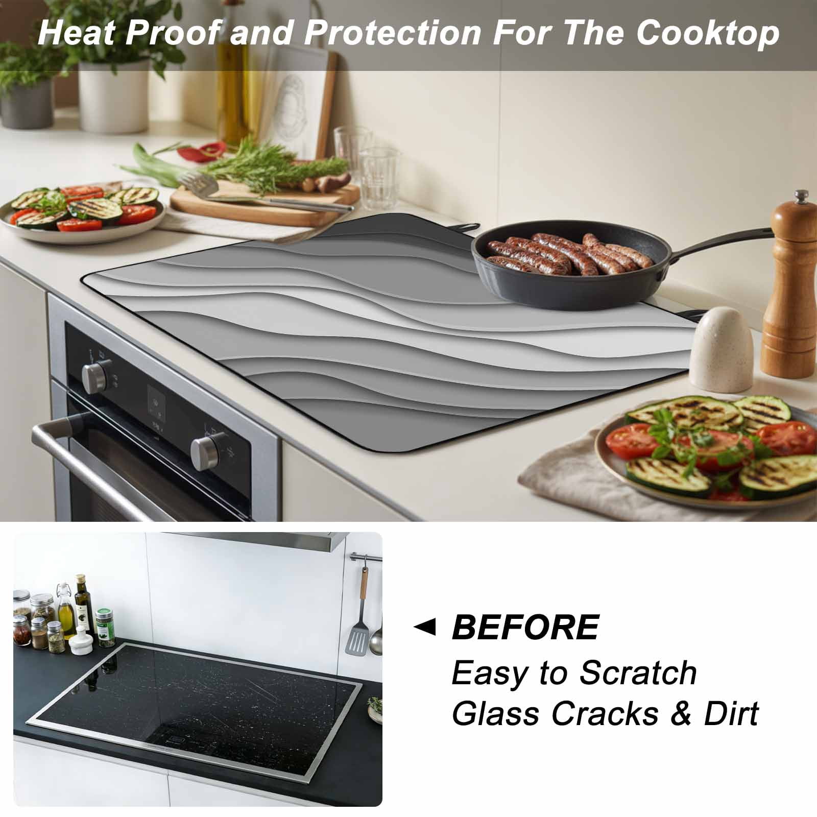 Black Grey Ombre Stove Top Cover for Electric Stove, Heat-proof & Non Slip Glass Top Stove Cover Protector, Modern Geometric Abstract Aesthetic Cream Kitchen Flat Cooktop Rubber Mat 24x21 Inches