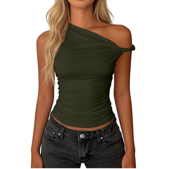 Womens Off Shoulder Tops Y2K Going Out Crop Tank Top Slim Fitted Sleeveless Shirts Double Lined Summer Outfits