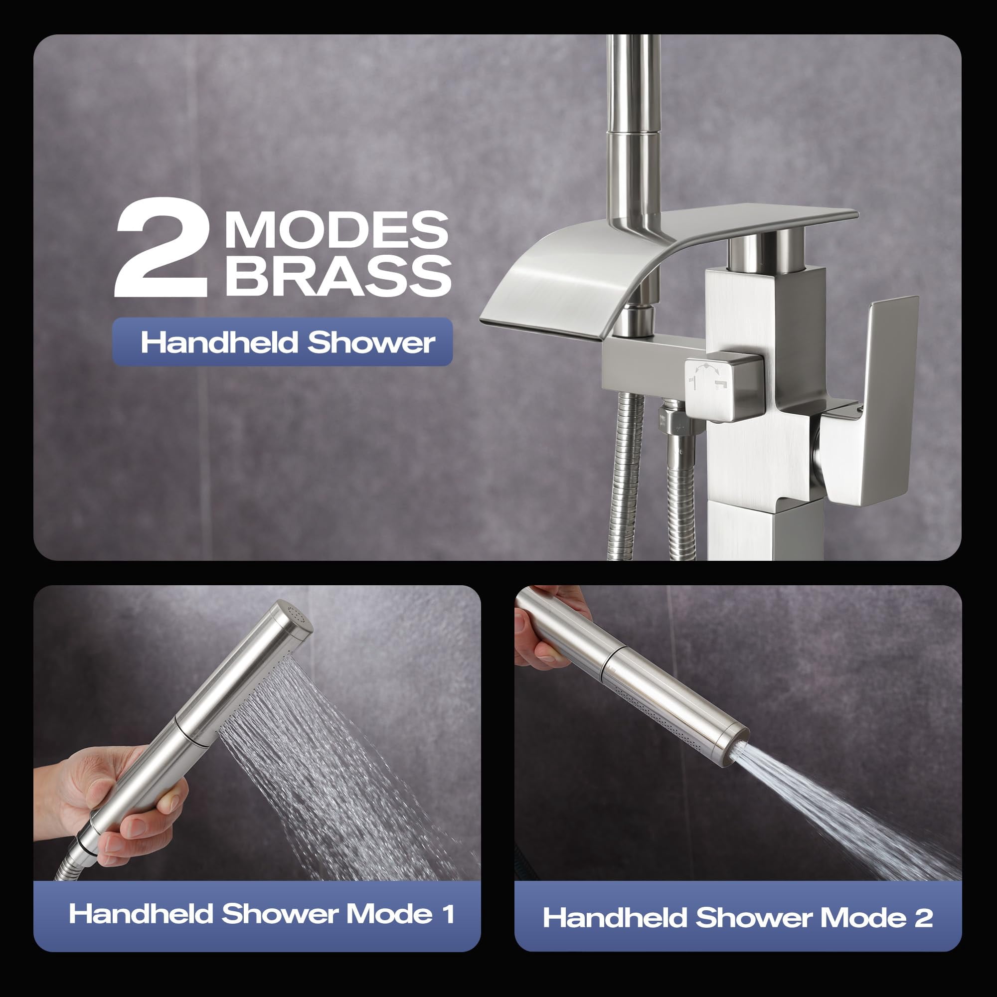 Waterfall Freestanding Bathtub Faucet Brushed Nickel Floor Mount Tub Filler with Handheld Sprayer