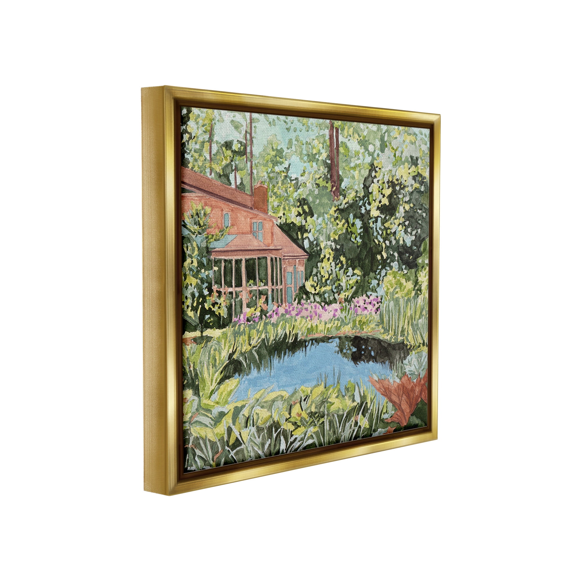 Stupell Industries Cottage with Backyard Pond Landscape Painting Gold Floater Framed Canvas Art Print Wall Art, 18 x 18