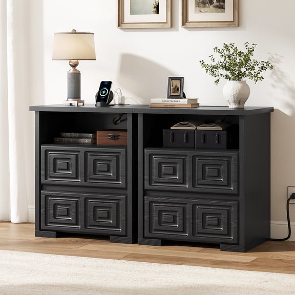 Aufeile Farmhouse Nightstand Set of 2, Rustic Sofa Side Table with USB & AC Outlets for Bedroom, End Tables with 2 Drawers for Living Room, Black