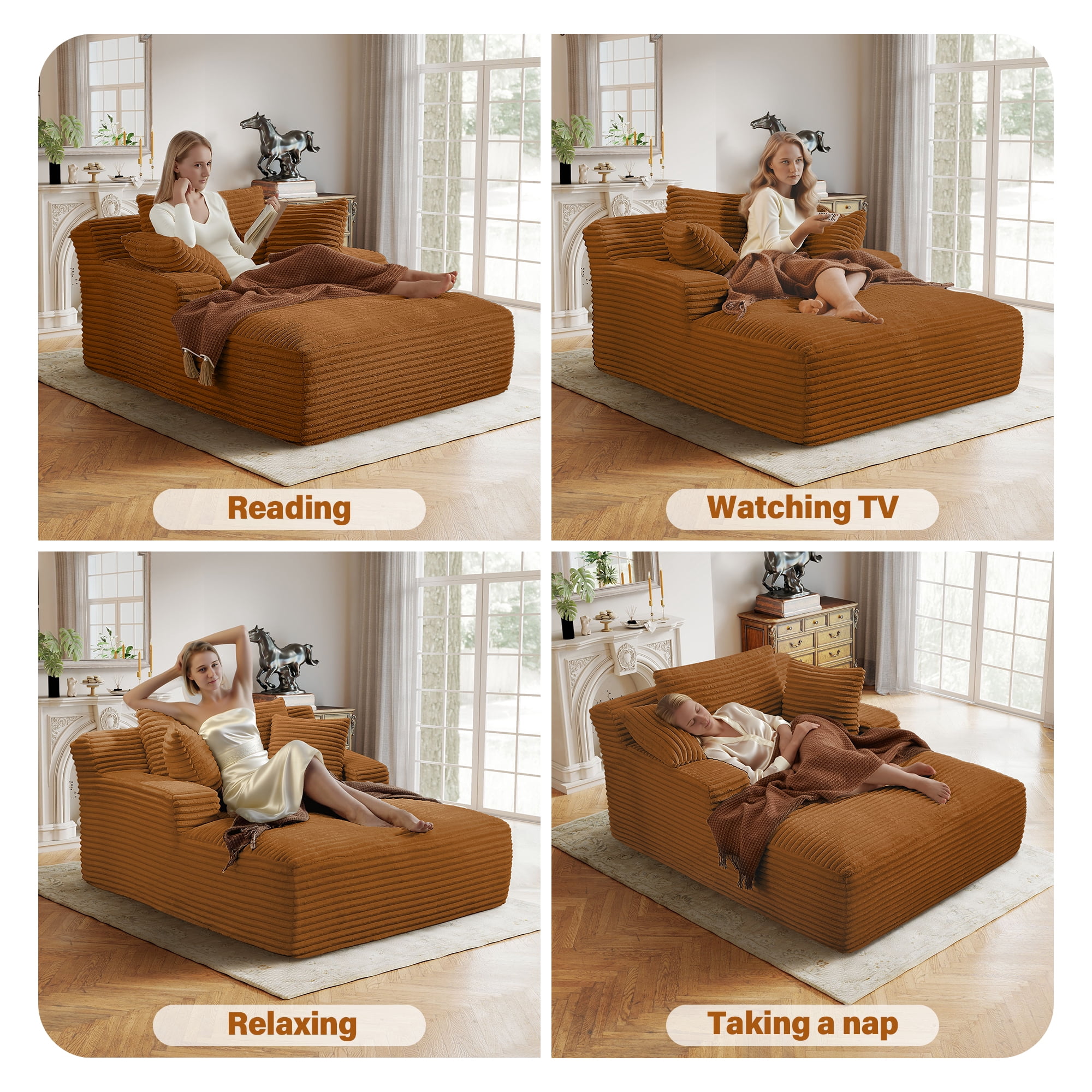 Aukfa Corduroy Chaise Lounge Chair, Oversized Indoor Lounger Floor Sofa Bed for Living Room, Bedroom, Small Space,Orange