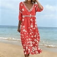thumbnail image 4 of Odbmxy 3/4 Sleeve Womens Midi Dresses Plus Size Fall Boho Smock Tunic Casual Floral Beach Loose V-Neck Dress Women, 4 of 6