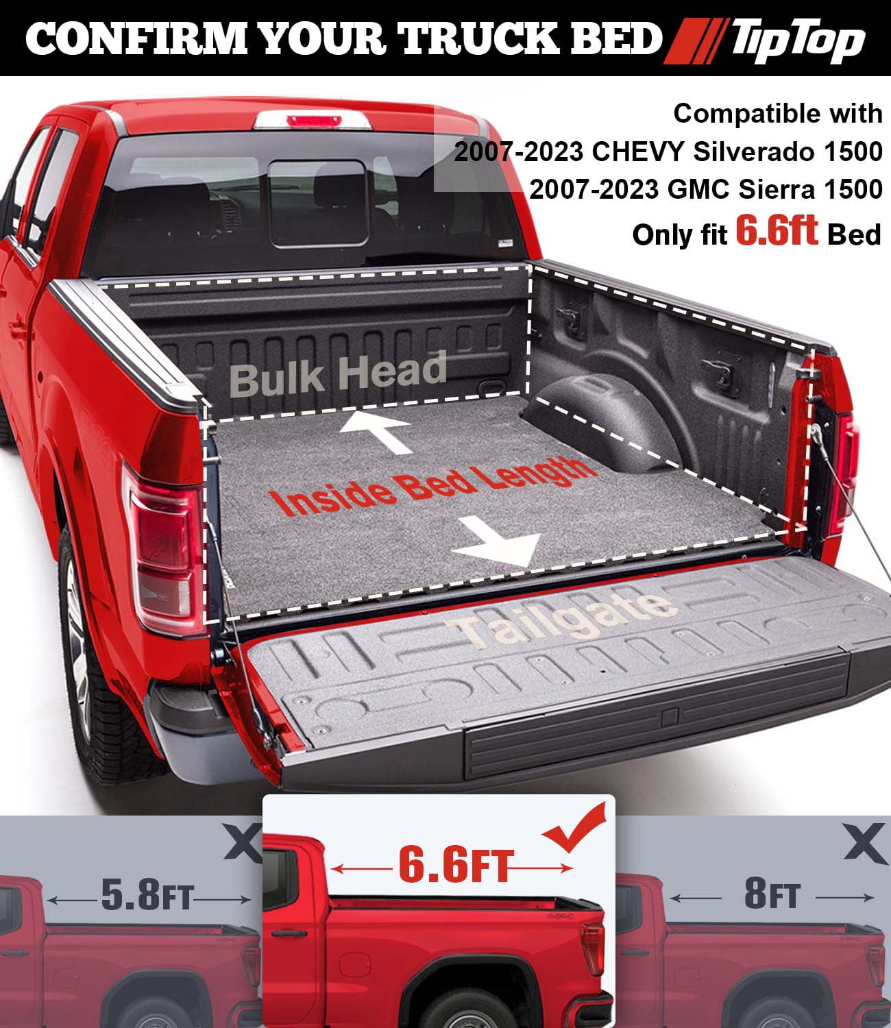 TIPTOP Tri-Fold Hard Tonneau Cover Truck Bed FRP On Top For 2007-2024 CHEVY Silverado 1500 & GMC Sierra 1500 with 6.6ft Bed (78.9") |Not for CarbonPro Bed| TPM3 |