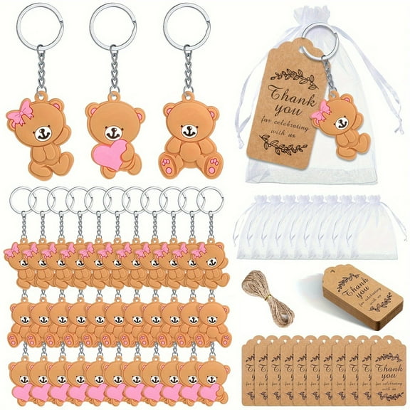 120Pcs(40set)40 Sets Baby Shower Favors Guests Return Gifts Including Animal Keychains, Organza Bags and Thank You Tags for Theme Party Favor Boys Girls Birthday Party Supplies